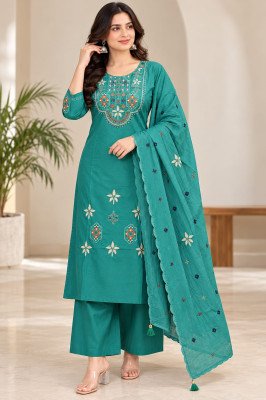 Pure Dabu Cotton 3-Piece Palazzo Suit with Embroidery and Dupatta  Size wise Combo Set