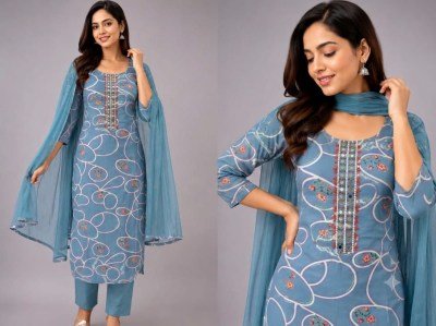 Pure Discharge Rayon Foil Kurti Pant with Dupatta Set with Heavy Handwork 