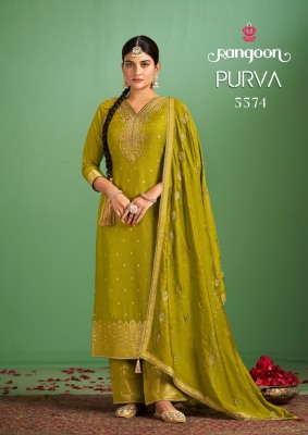 Purva by Rangoon Pure maslin jacquard embroidered kurti pant and dupatta catalogue readymade suit catalogs