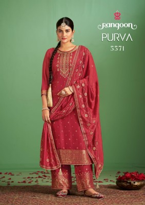 Purva by Rangoon Pure maslin jacquard embroidered kurti pant and dupatta catalogue readymade suit catalogs