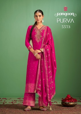 Purva by Rangoon Pure maslin jacquard embroidered kurti pant and dupatta catalogue readymade suit catalogs