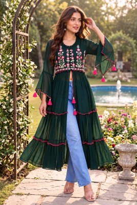 Pushpa Heavy Georgette Embroidery Long Kurti with Front Slit, Balloon Sleeves and Back Zip 