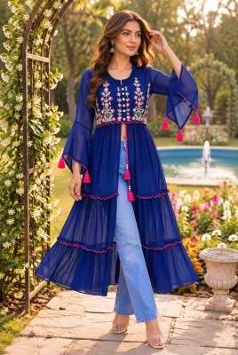 Pushpa Heavy Georgette Embroidery Long Kurti with Front Slit, Balloon Sleeves and Back Zip kurtis catalogs