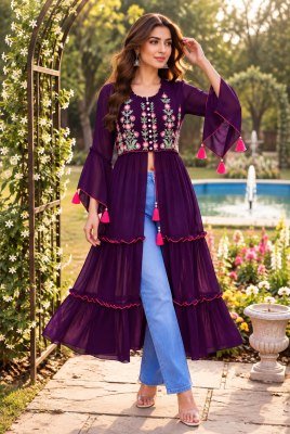 Pushpa Heavy Georgette Embroidery Long Kurti with Front Slit, Balloon Sleeves and Back Zip kurtis catalogs