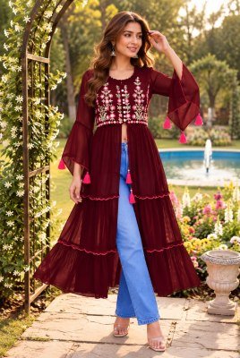Pushpa Heavy Georgette Embroidery Long Kurti with Front Slit, Balloon Sleeves and Back Zip kurtis catalogs