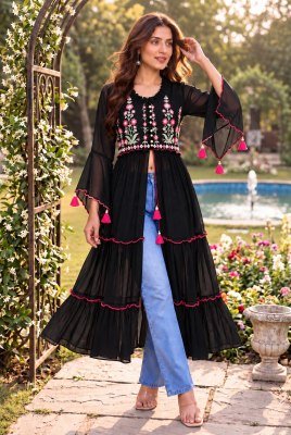 Pushpa Heavy Georgette Embroidery Long Kurti with Front Slit, Balloon Sleeves and Back Zip kurtis catalogs