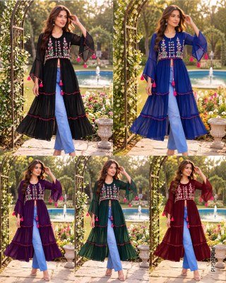 Pushpa Heavy Georgette Embroidery Long Kurti with Front Slit, Balloon Sleeves and Back Zip kurtis catalogs