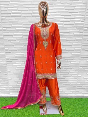 QTNESH Premium Chinon Embroidered Farshi Suit Set with Dupatta readymade suit catalogs