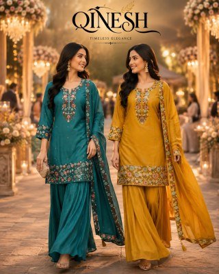 QTNESH Roman Simmar Embroidered Designer Palazzo Suit Set Fancy Palazzo suit catalogue