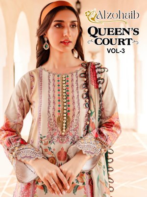 Queen court vol 2 by Alzohaib pure cotton embroidered unstitched suit set  Amavi