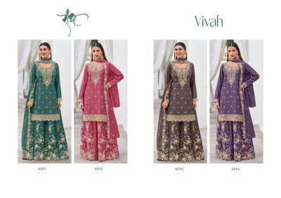 RADHA TRENDZ VIVAH Chinon Embroidery 3-Piece Flared Suit Set Fancy Palazzo suit catalogue