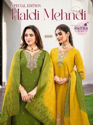 RADHIKA Life Style HALDI MEHNDI Vol-1 Meronika Chiffon  Kurti Pant Dupatta Set 