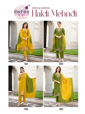 RADHIKA Life Style HALDI MEHNDI Vol-1 Meronika Chiffon  Kurti Pant Dupatta Set kurti pant with dupatta Catalogs