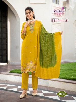 RADHIKA Life Style HALDI MEHNDI Vol-1 Meronika Chiffon  Kurti Pant Dupatta Set kurti pant with dupatta Catalogs