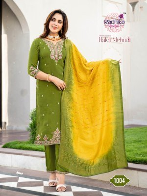 RADHIKA Life Style HALDI MEHNDI Vol-1 Meronika Chiffon  Kurti Pant Dupatta Set kurti pant with dupatta Catalogs