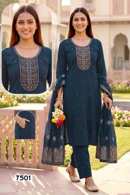 RESHAM Vol-1 Roman Silk Heavy Embroidery Sequins 3-Piece Designer Kurti Set kurti pant with dupatta Catalogs