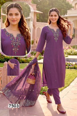 RESHAM Vol-1 Roman Silk Heavy Embroidery Sequins 3-Piece Designer Kurti Set kurti pant with dupatta Catalogs