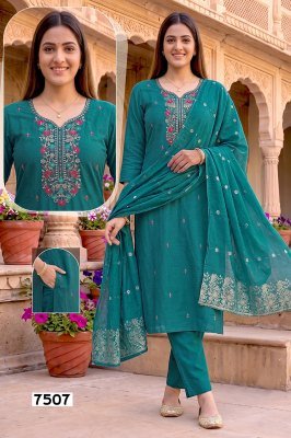 RESHAM Vol-1 Roman Silk Heavy Embroidery Sequins 3-Piece Designer Kurti Set kurti pant with dupatta Catalogs