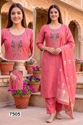 RESHAM Vol-1 Roman Silk Heavy Embroidery Sequins 3-Piece Designer Kurti Set kurti pant with dupatta Catalogs