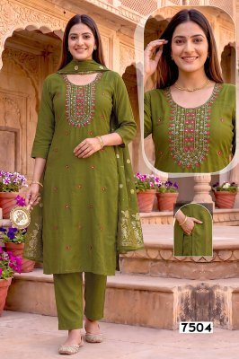 RESHAM Vol-1 Roman Silk Heavy Embroidery Sequins 3-Piece Designer Kurti Set kurti pant with dupatta Catalogs