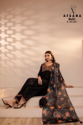 RUHI BY Afsana georgette with sequence embroidery work kurti pant and printed dupatta catalog  Amavi