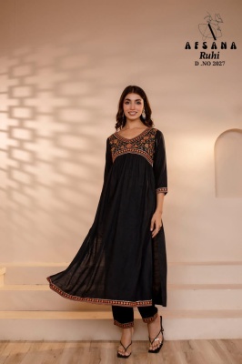 RUHI BY Afsana georgette with sequence embroidery work kurti pant and printed dupatta catalog  readymade suit catalogs