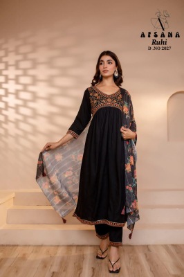 RUHI BY Afsana georgette with sequence embroidery work kurti pant and printed dupatta catalog  readymade suit catalogs