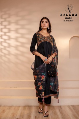RUHI BY Afsana georgette with sequence embroidery work kurti pant and printed dupatta catalog  readymade suit catalogs