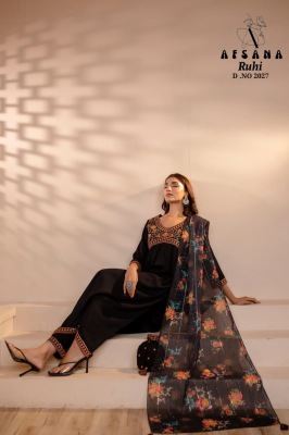 RUHI BY Afsana georgette with sequence embroidery work kurti pant and printed dupatta catalog  readymade suit catalogs