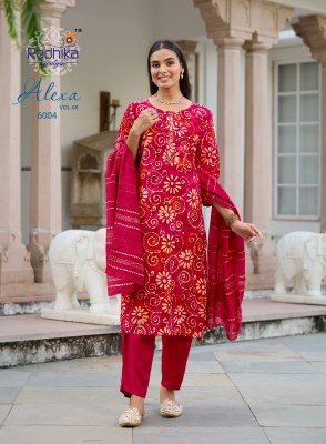 Radhika Alexa Vol 6 Kurti Pant with Dupatta Vertican Silk Foil Print Handwork with Muslin Jacquard Dupatta Wholesale kurti pant with dupatta Catalogs
