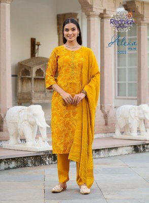 Radhika Alexa Vol 6 Kurti Pant with Dupatta Vertican Silk Foil Print Handwork with Muslin Jacquard Dupatta Wholesale kurti pant with dupatta Catalogs