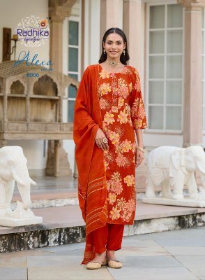Radhika Alexa Vol 6 Kurti Pant with Dupatta Vertican Silk Foil Print Handwork with Muslin Jacquard Dupatta Wholesale kurti pant with dupatta Catalogs