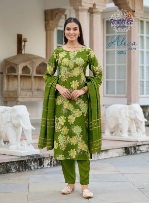 Radhika Alexa Vol 6 Kurti Pant with Dupatta Vertican Silk Foil Print Handwork with Muslin Jacquard Dupatta Wholesale kurti pant with dupatta Catalogs