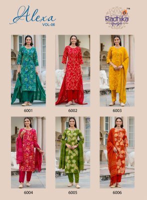 Radhika Alexa Vol 6 Kurti Pant with Dupatta Vertican Silk Foil Print Handwork with Muslin Jacquard Dupatta Wholesale kurti pant with dupatta Catalogs