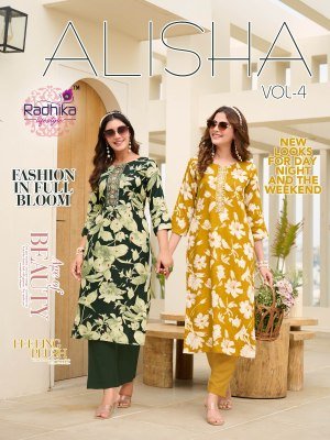 Radhika Alisha Vol 4 Liva Reyon Kurti Fabrics  Printed And Embroidered Work wholesale kurtis catalogs