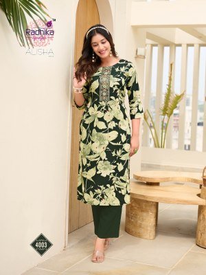 Radhika Alisha Vol 4 Liva Reyon Kurti Fabrics  Printed And Embroidered Work wholesale kurtis catalogs