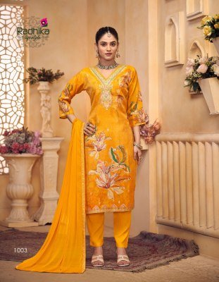 Radhika Life Style Aanchal Vol 1 Tissue Schimmer Silk Suit with Digital Jacquard Print And Heavy Santoon Pant Chiffon Jacquard Lace Dupatta Wholesale kurtis catalogs
