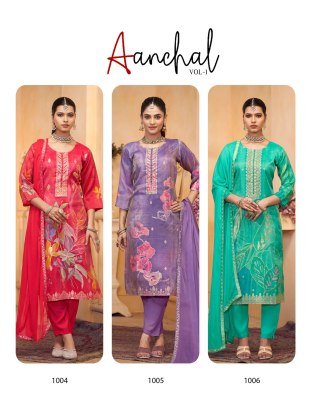 Radhika Life Style Aanchal Vol 1 Tissue Schimmer Silk Suit with Digital Jacquard Print And Heavy Santoon Pant Chiffon Jacquard Lace Dupatta Wholesale kurtis catalogs