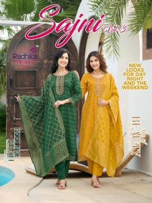 Radhika Life Style Sajni Vol 3 Rayon Print Kurti Pant Set with Banarasi Jacquard Dupatta And Embroidery Work Product And Wholesale kurtis catalogs