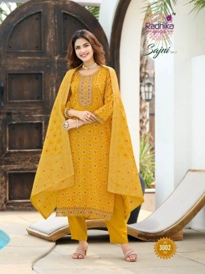 Radhika Life Style Sajni Vol 3 Rayon Print Kurti Pant Set with Banarasi Jacquard Dupatta And Embroidery Work Product And Wholesale kurtis catalogs