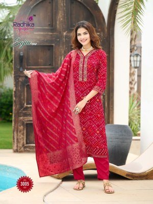 Radhika Life Style Sajni Vol 3 Rayon Print Kurti Pant Set with Banarasi Jacquard Dupatta And Embroidery Work Product And Wholesale kurtis catalogs