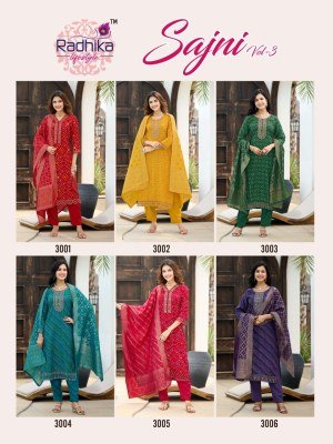 Radhika Life Style Sajni Vol 3 Rayon Print Kurti Pant Set with Banarasi Jacquard Dupatta And Embroidery Work Product And Wholesale kurtis catalogs