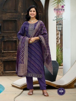 Radhika Life Style Sajni Vol 3 Rayon Print Kurti Pant Set with Banarasi Jacquard Dupatta And Embroidery Work Product And Wholesale kurtis catalogs