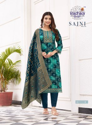 Radhika Life Style Sajni Vol 4 Rayon Kurti Pant with Dupatta Set with Banarasi Jacquard Dupatta And Embroidery Product Wholesale kurti pant with dupatta Catalogs