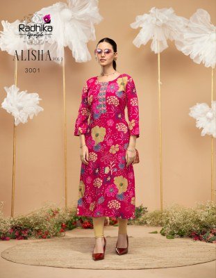Radhika Lifestyle Alisha Vol 3 LIVA Certified Rayon Printed Kurti Fabric with Designer Work Wholesale kurtis catalogs