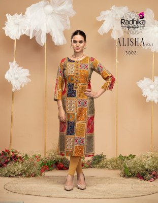 Radhika Lifestyle Alisha Vol 3 LIVA Certified Rayon Printed Kurti Fabric with Designer Work Wholesale kurtis catalogs