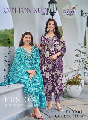 Radhika Lifestyle Cotton Kudi Vol 22 Elegant Printed Kurti Set with Embellished Pants And Dupatta Wholesale Radhika Lifestyle