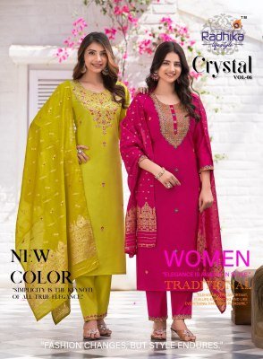 Radhika Lifestyle Crystal Vol 6 Festive Kurti Pant Set Roman Silk And Jacquard Dupatta Embroidery Work Wholesale Radhika Lifestyle