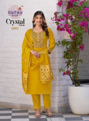 Radhika Lifestyle Crystal Vol 6 Festive Kurti Pant Set Roman Silk And Jacquard Dupatta Embroidery Work Wholesale kurtis catalogs