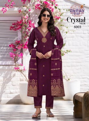 Radhika Lifestyle Crystal Vol 6 Festive Kurti Pant Set Roman Silk And Jacquard Dupatta Embroidery Work Wholesale kurtis catalogs